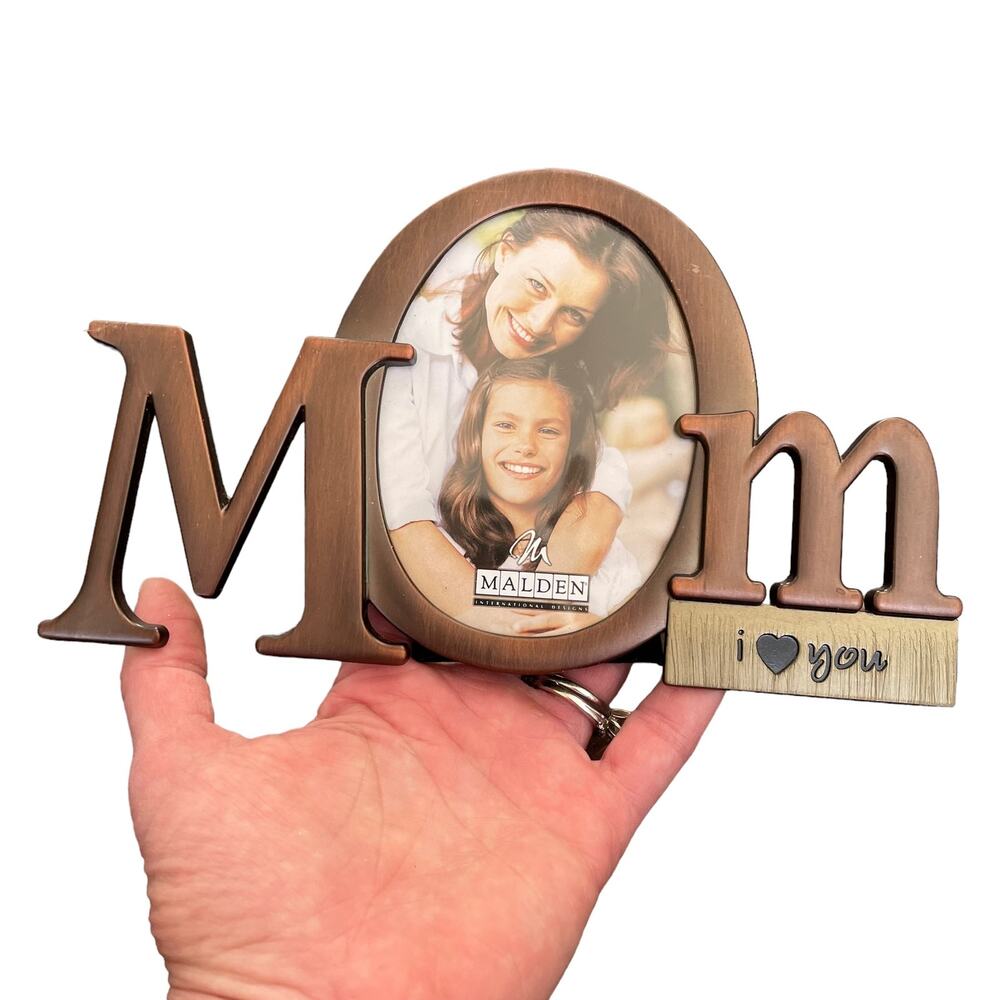 Bronze Tone Metal MOM Photo Frame Oval Picture I Love You Spelled Malden NOS